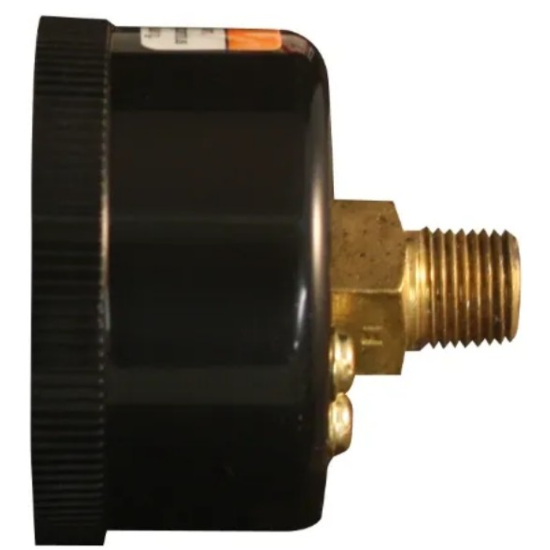 California Air Tools Big Pressure Gauge 2.0″ Diameter Center Back Mount 1/4″ NPT 0-180 PSI P/N 96006 side view displaying threaded brass connection and rear mount design