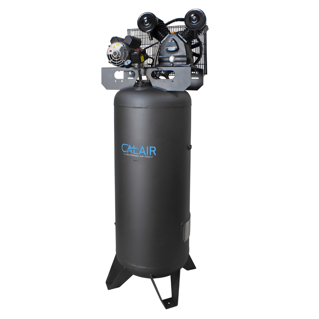 California Air Tools CALAIR 60037BD 60 Gal 3.7 hp One-Stage Oil-Lubricated Belt Driven Air Compressor angled view displaying belt-driven motor and cylinder design