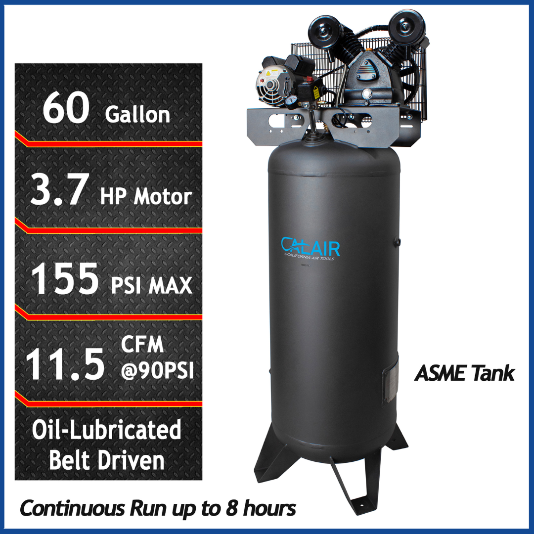 California Air Tools CALAIR 60037BD 60 Gal 3.7 hp One-Stage Oil-Lubricated Belt Driven Air Compressor with vertical ASME tank, 155 PSI max, 11.5 CFM performance and heavy-duty motor
