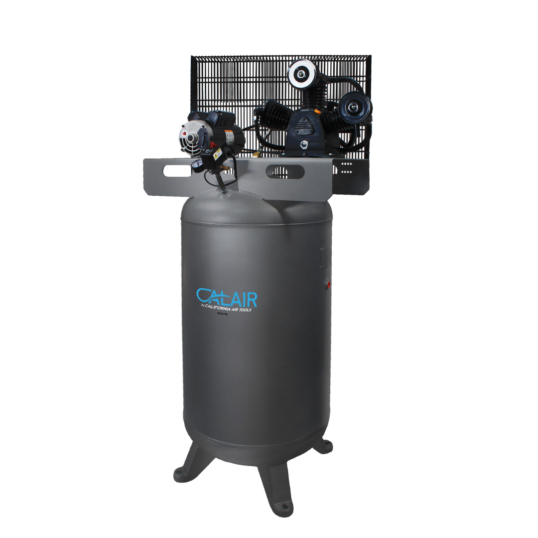California Air Tools CALAIR 80050BD 80 Gal 5.0 hp One-Stage Oil-Lubricated Belt Driven Air Compressor angled view showing belt-driven dual cylinder system