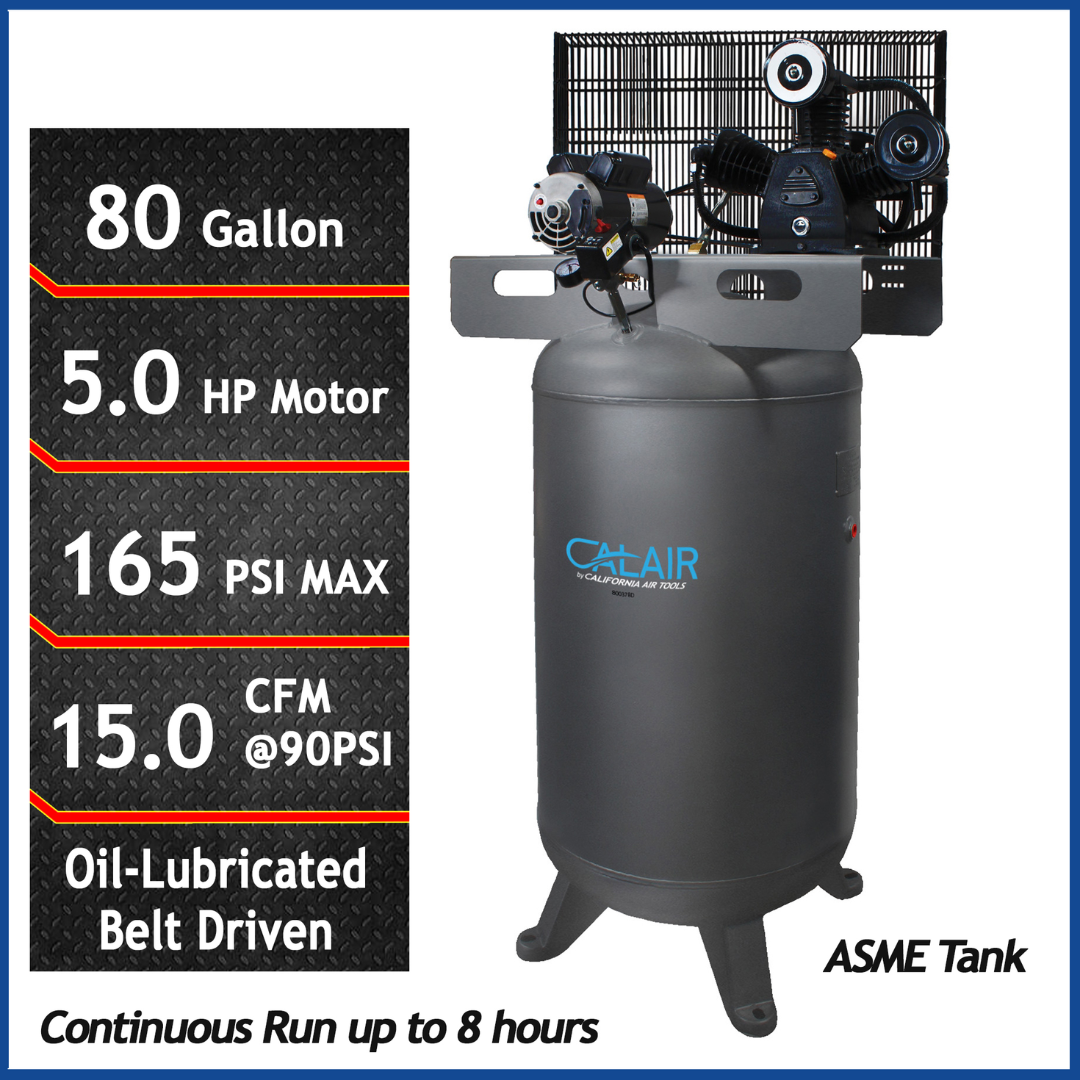 California Air Tools CALAIR 80050BD 80 Gal 5.0 hp One-Stage Oil-Lubricated Belt Driven Air Compressor with vertical ASME tank, 165 PSI max and 15.0 CFM performance