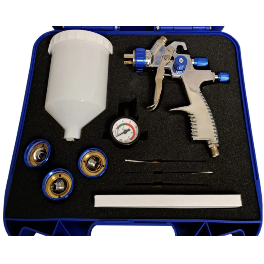 California Air Tools CAT-33000K LVLP Spray Gun Kit (Brand New) complete kit layout with spray gun, regulator, and interchangeable components