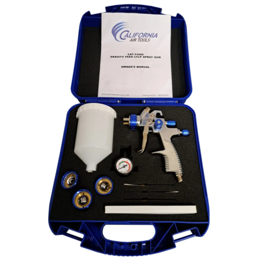 California Air Tools CAT-33000K LVLP Spray Gun Kit (Brand New) open case view showing spray gun, gauges, and accessories organized in molded case