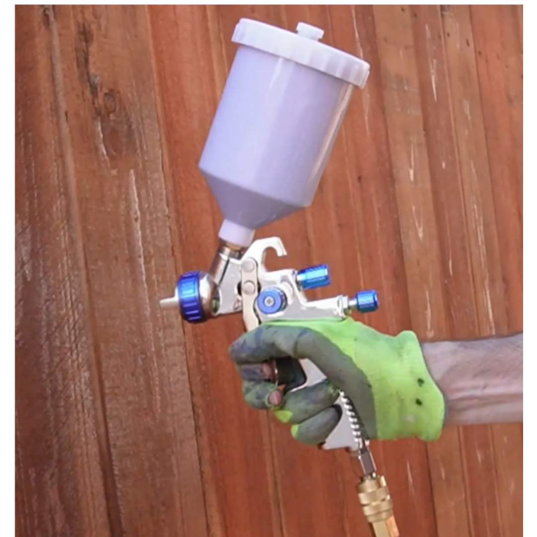 California Air Tools CAT-33000 LVLP Spray Gun with Gravity Feed Cup (Brand New) side view showing paint flow control knob and air regulator adjustments
