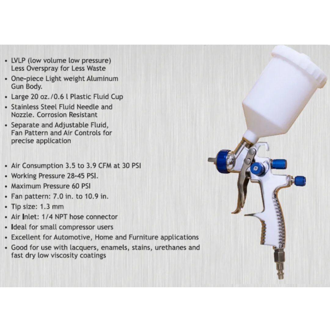 California Air Tools CAT-33000 LVLP Spray Gun with Gravity Feed Cup (Brand New) specification sheet and performance details layout