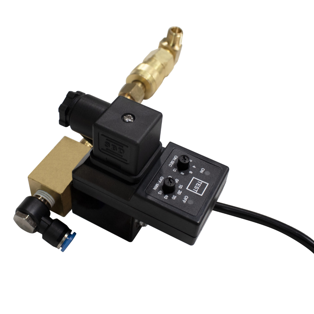 California Air Tools EZ2321ADL AUTOMATIC DRAIN VALVE LONG EXTENSION KIT close-up showing electrical solenoid and inlet/outlet configuration