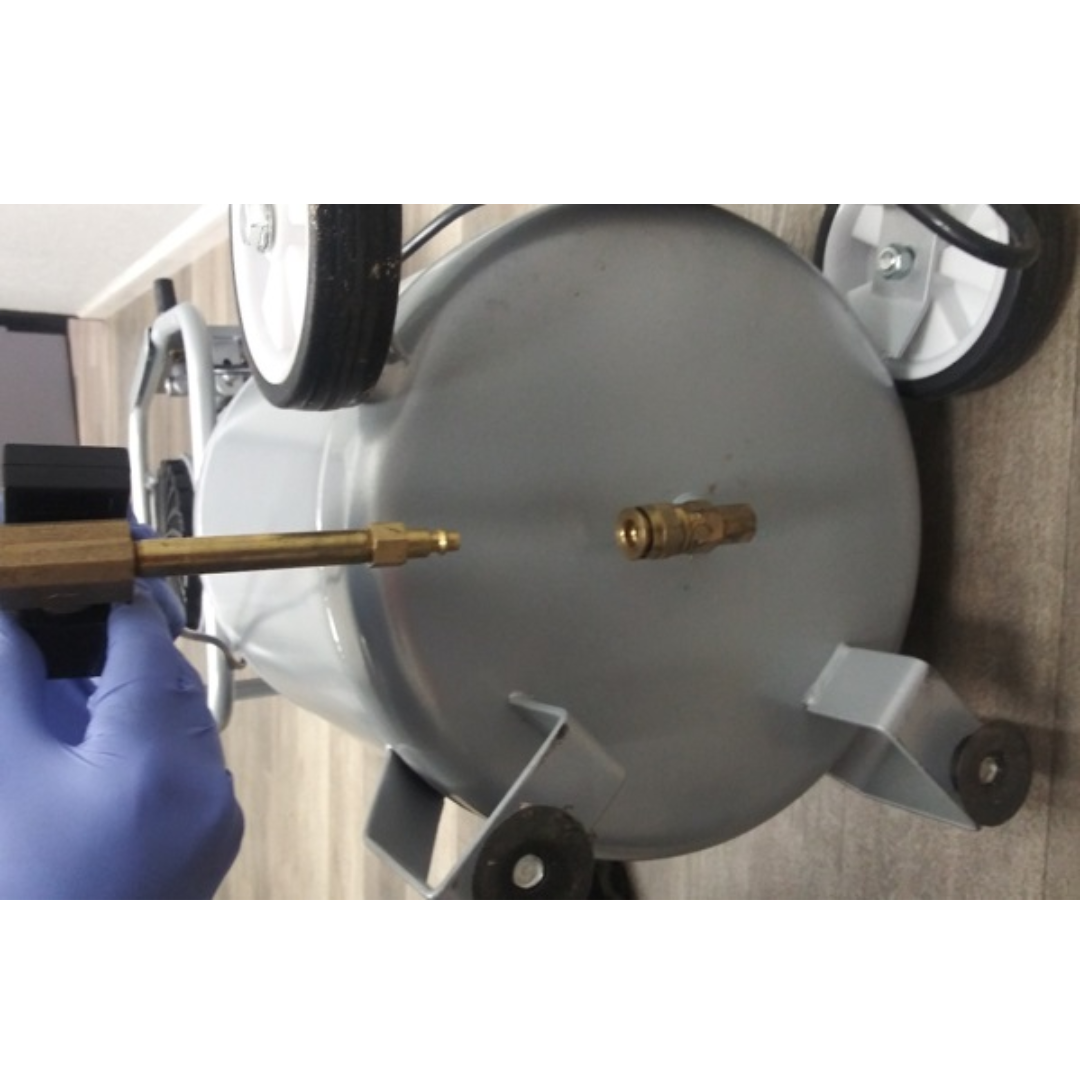 California Air Tools EZ2321ADL AUTOMATIC DRAIN VALVE LONG EXTENSION KIT installed view on air compressor tank demonstrating drainage setup