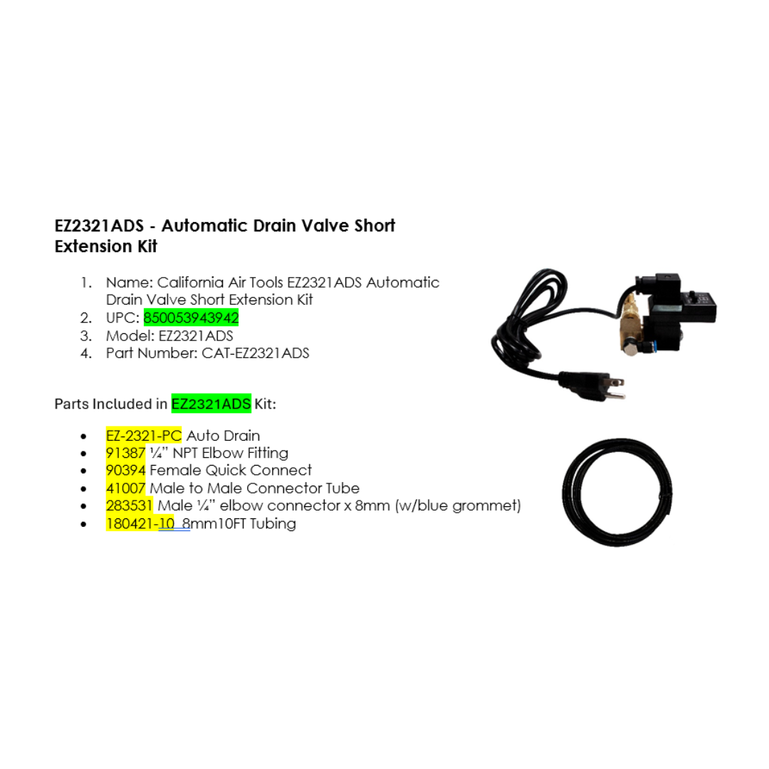 California Air Tools EZ2321ADS AUTOMATIC DRAIN VALVE SHORT EXTENSION KIT specification sheet and installation diagram overview