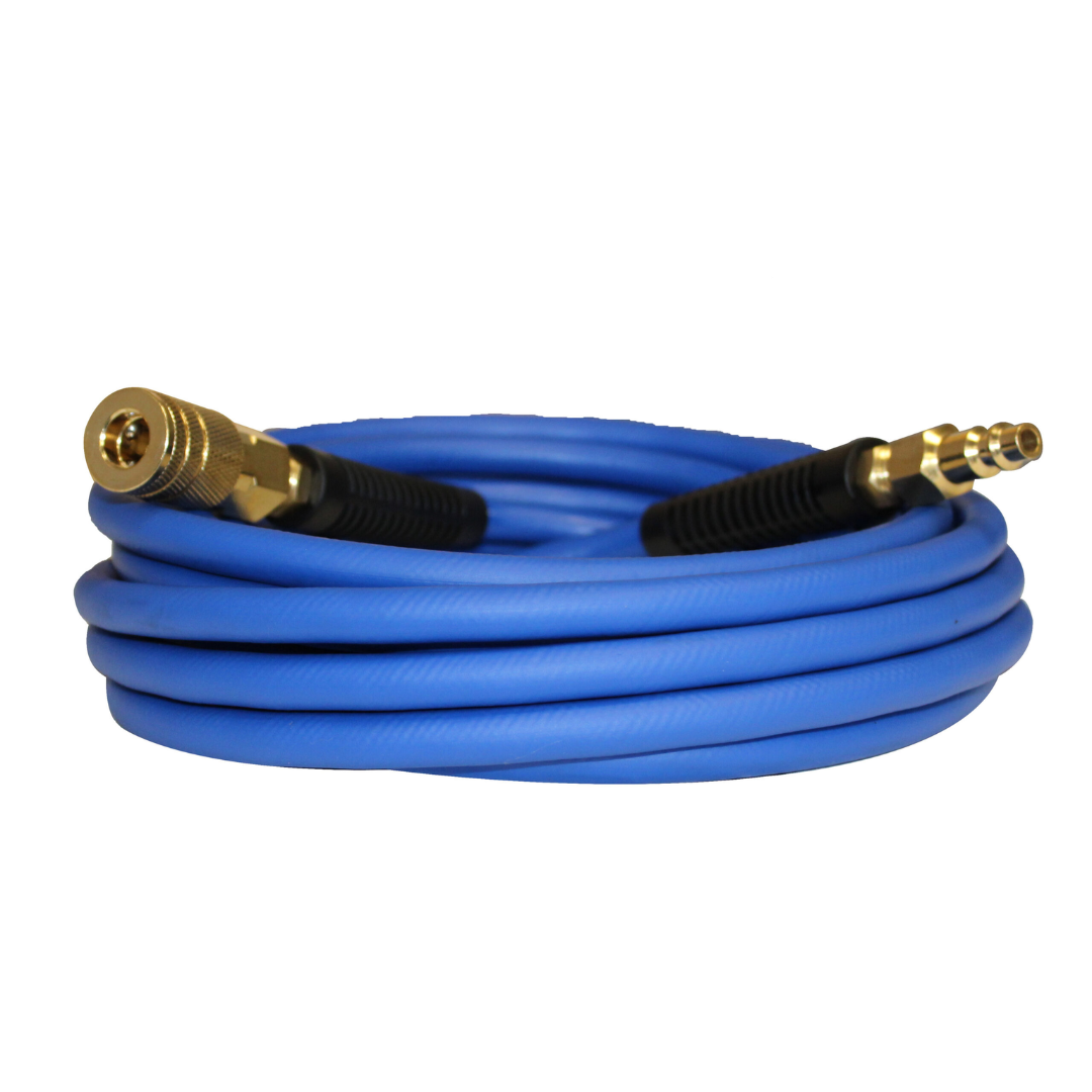 California Air Tools Hybrider Flex 1/4in 25 Foot Hybrid Air Hose HFH25.25 coiled hose view showing durable blue hybrid material with brass fittings