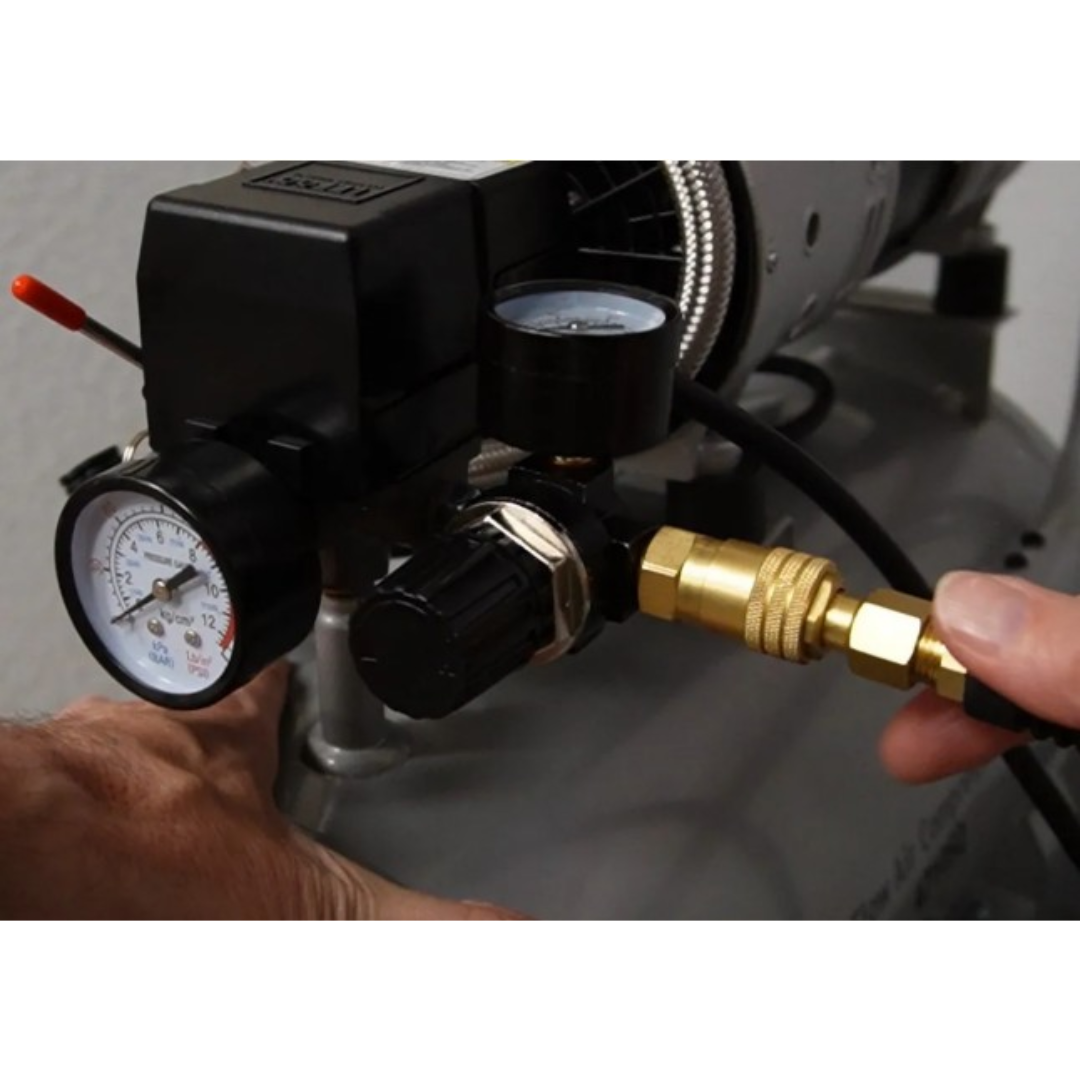 California Air Tools Hybrider Flex 1/4in 25 Foot Hybrid Air Hose HFH25.25 in-use connection to air compressor demonstrating flexible operation