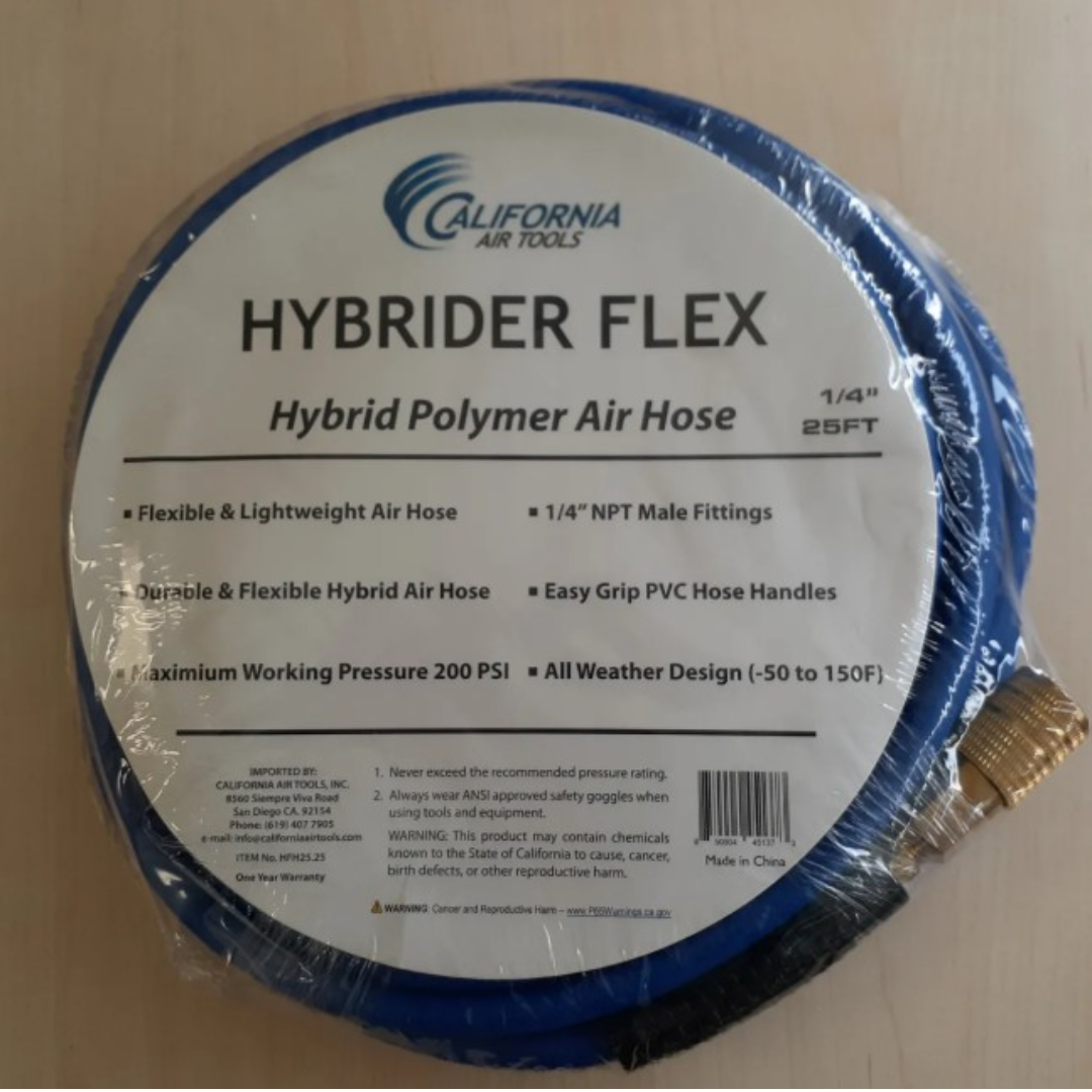 California Air Tools Hybrider Flex 1/4in 25 Foot Hybrid Air Hose HFH25.25 packaging label showing product specifications and branding