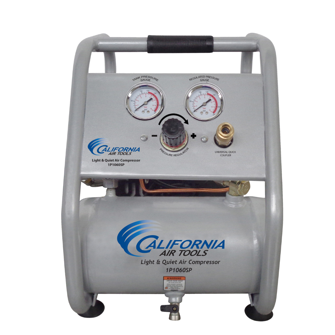 California Air Tools Light & Quiet 1P1060SP Portable Air Compressor front angle showing control panel and frame