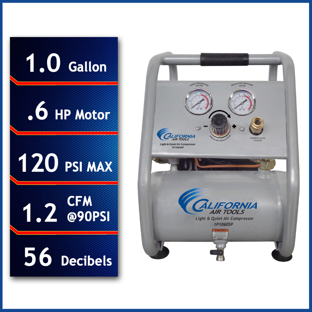 California Air Tools Light & Quiet 1P1060SP Portable Air Compressor showing front view with gauges and performance specs