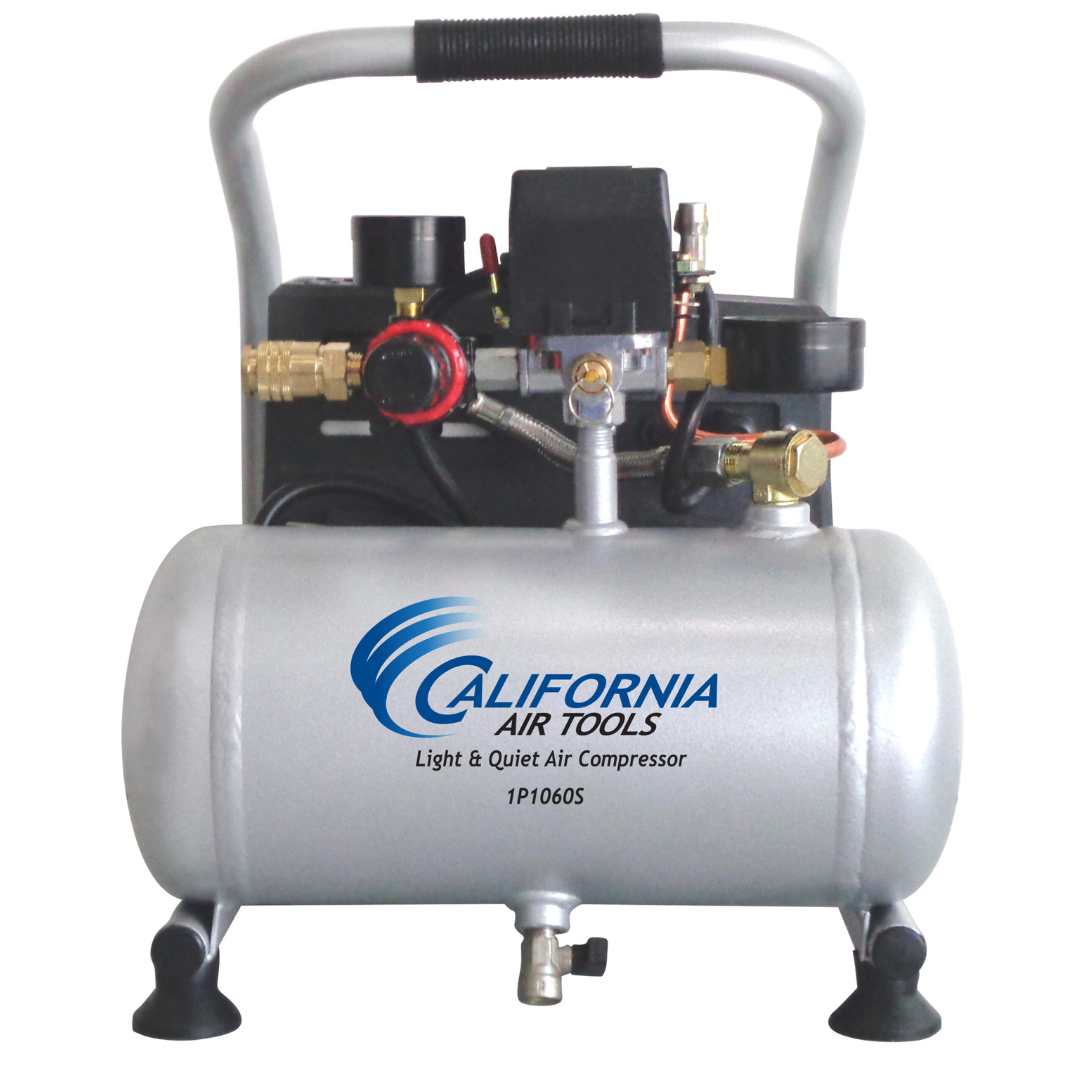California Air Tools Light & Ultra Quiet 1P1060S Portable Air Compressor front angle showing gauges and tank