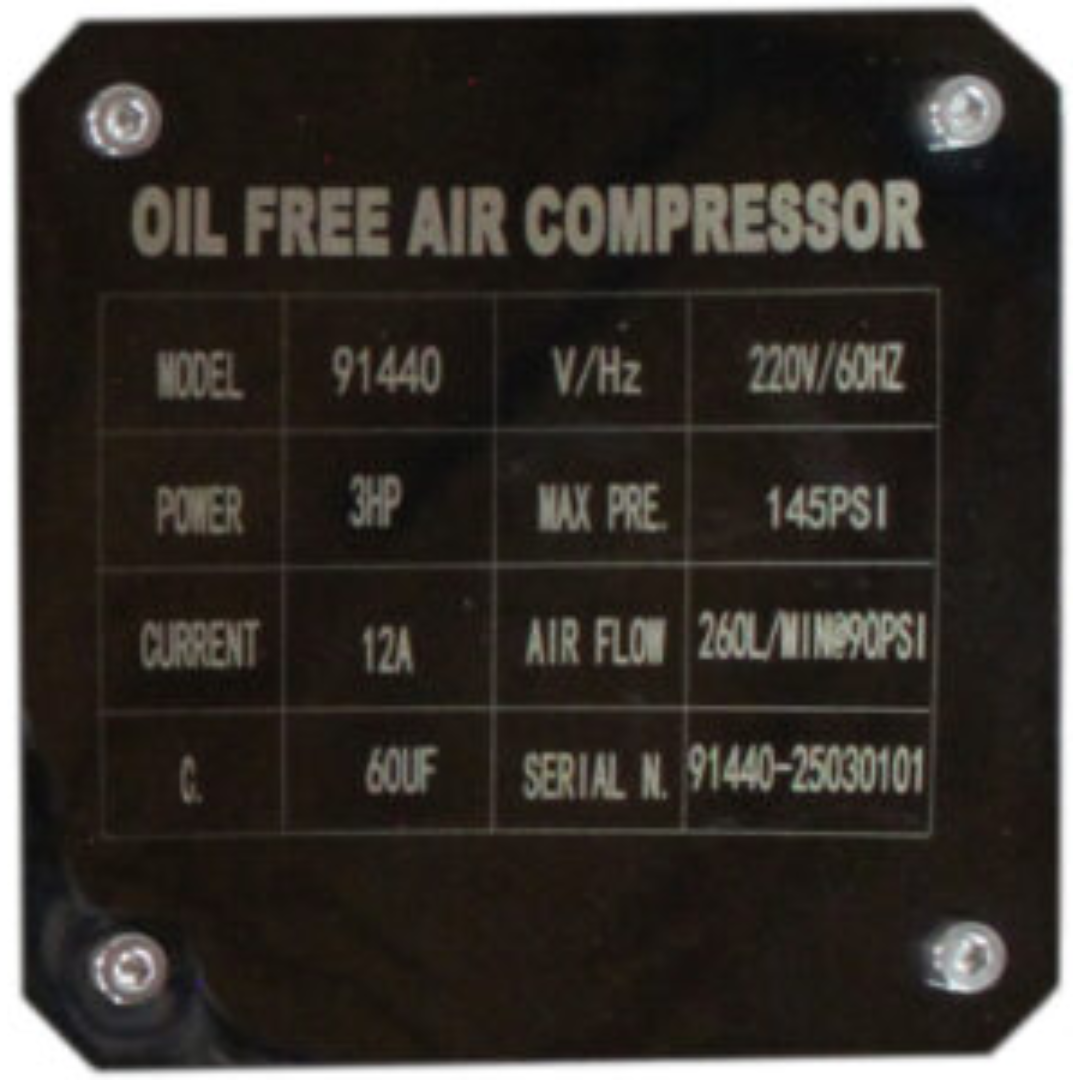 California Air Tools OLF-2800 3.0 Hp Ultra Quiet & Oil-Free Motor Pump (208/220v 60hz 1-phase) 91440 specification plate showing performance ratings