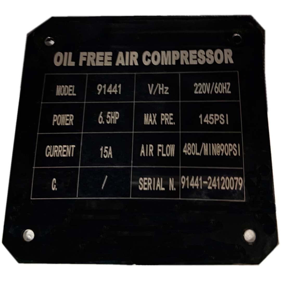 California Air Tools OLF-3500 6.5 Hp Ultra Quiet & Oil-Free Motor Pump (208/220v 60hz 3-phase) 91441 specification plate showing technical ratings