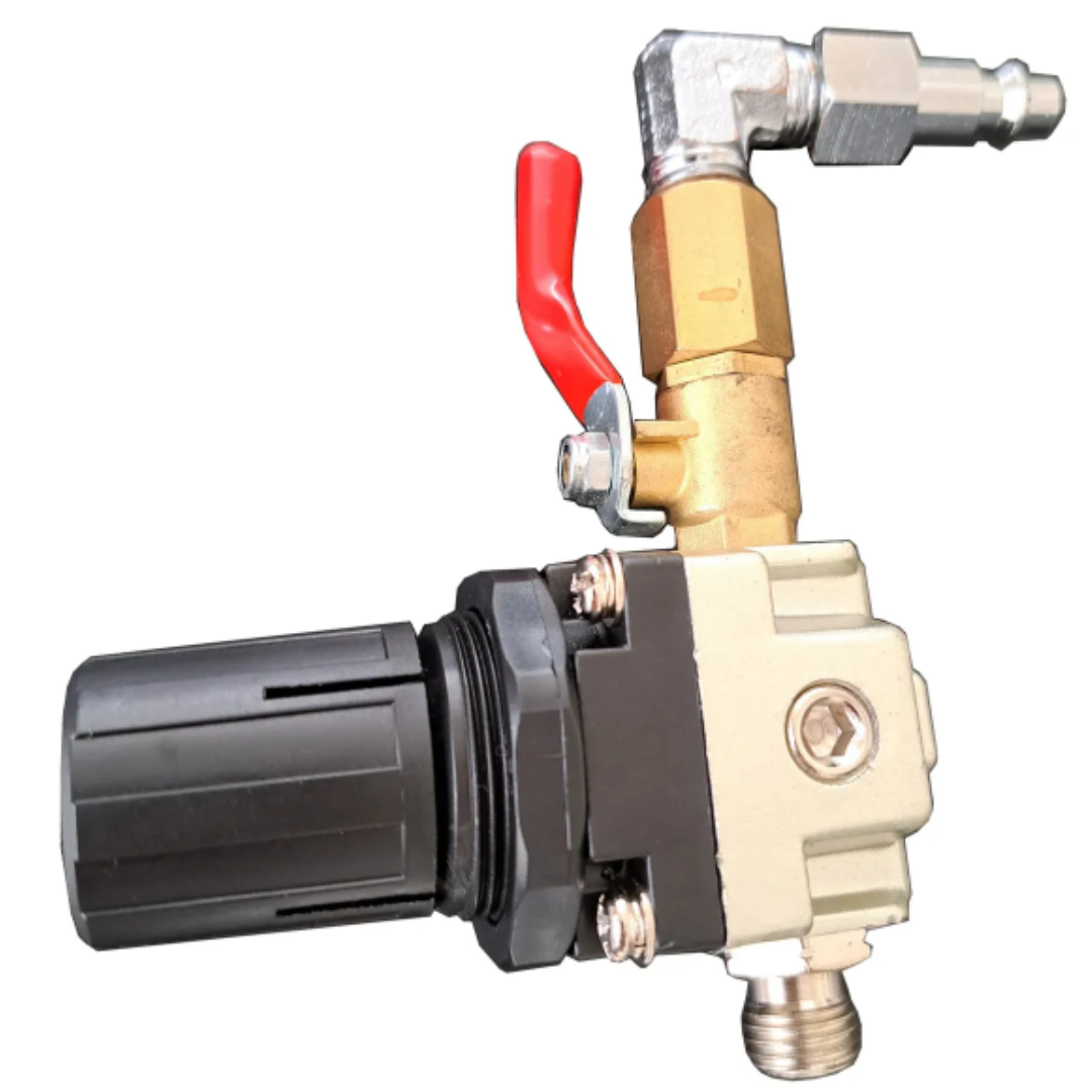 California Air Tools Pressure Pot Regulator 60 PSI 91256 close-up of regulator assembly with adjustment knob and valve