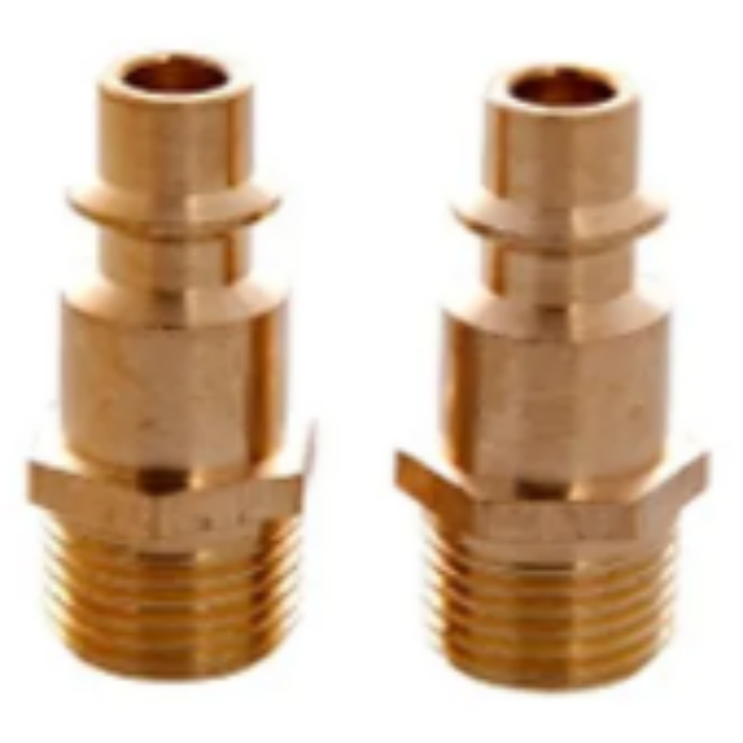California Air Tools Quick Connect Male (Industrial) 1/4″ Hose Connector (2 pk) 41007-K pair of brass quick connect fittings showing threaded ends and industrial plug design