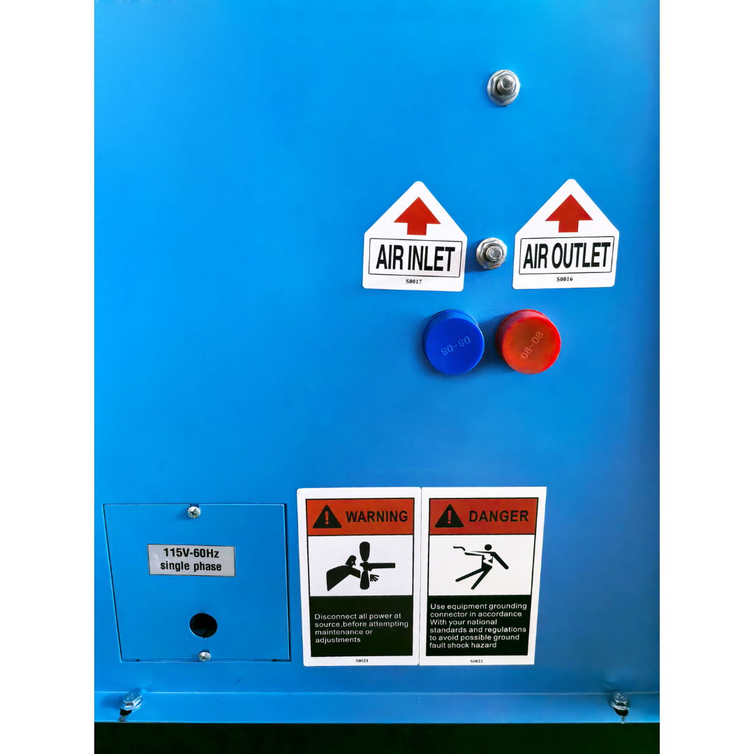 California Air Tools RD-91502 High-Efficiency Non-Recycling 98% Refrigerated Air Dryer rear panel with labels and connections