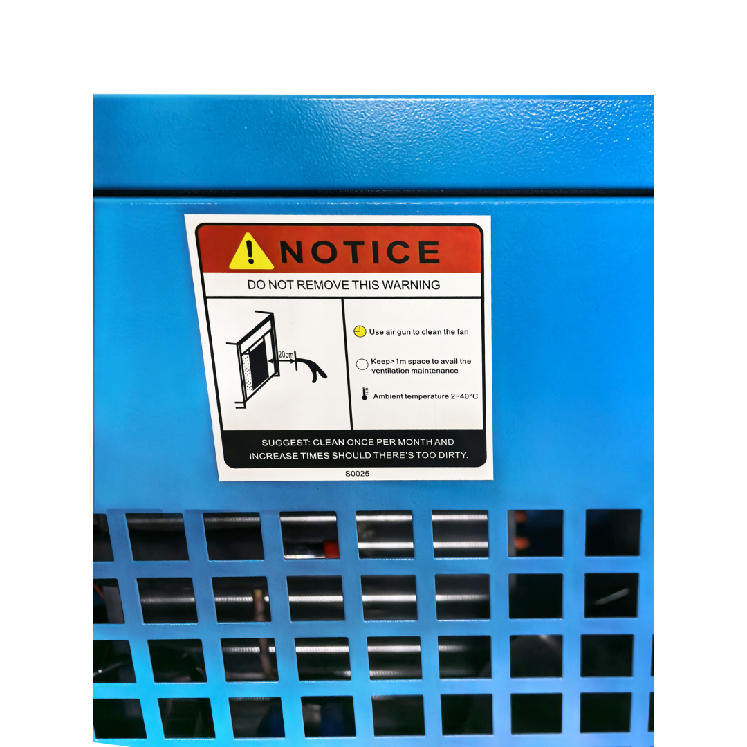 California Air Tools RD-91502 High-Efficiency Non-Recycling 98% Refrigerated Air Dryer warning label and safety information close-up