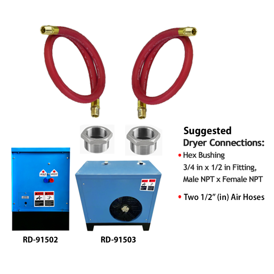 California Air Tools RD-91503 High-Efficiency Non-Recycling 98% Refrigerated Air Dryer included accessories and hoses