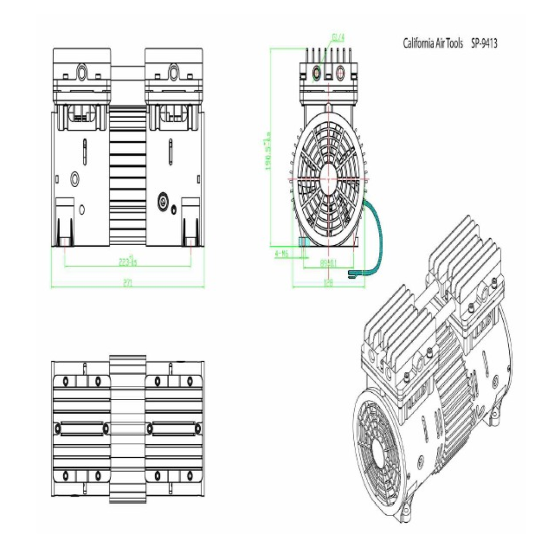 California Air Tools SP-9413 (110v 60hz) 1.0 Hp Ultra Quiet & Oil-Free Pump/Motor technical diagram with dimensions and specifications for precise integration
