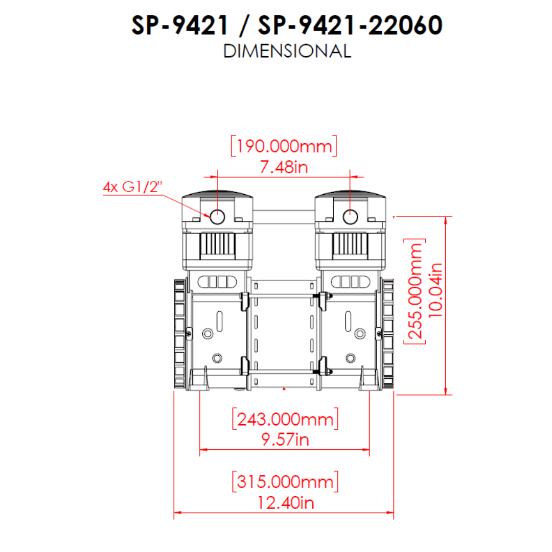 California Air Tools SP-9421-22060 (220v 60hz 1-phase) 2.0 Hp Ultra Quiet & Oil-Free Pump/Motor technical dimension diagram with detailed measurements