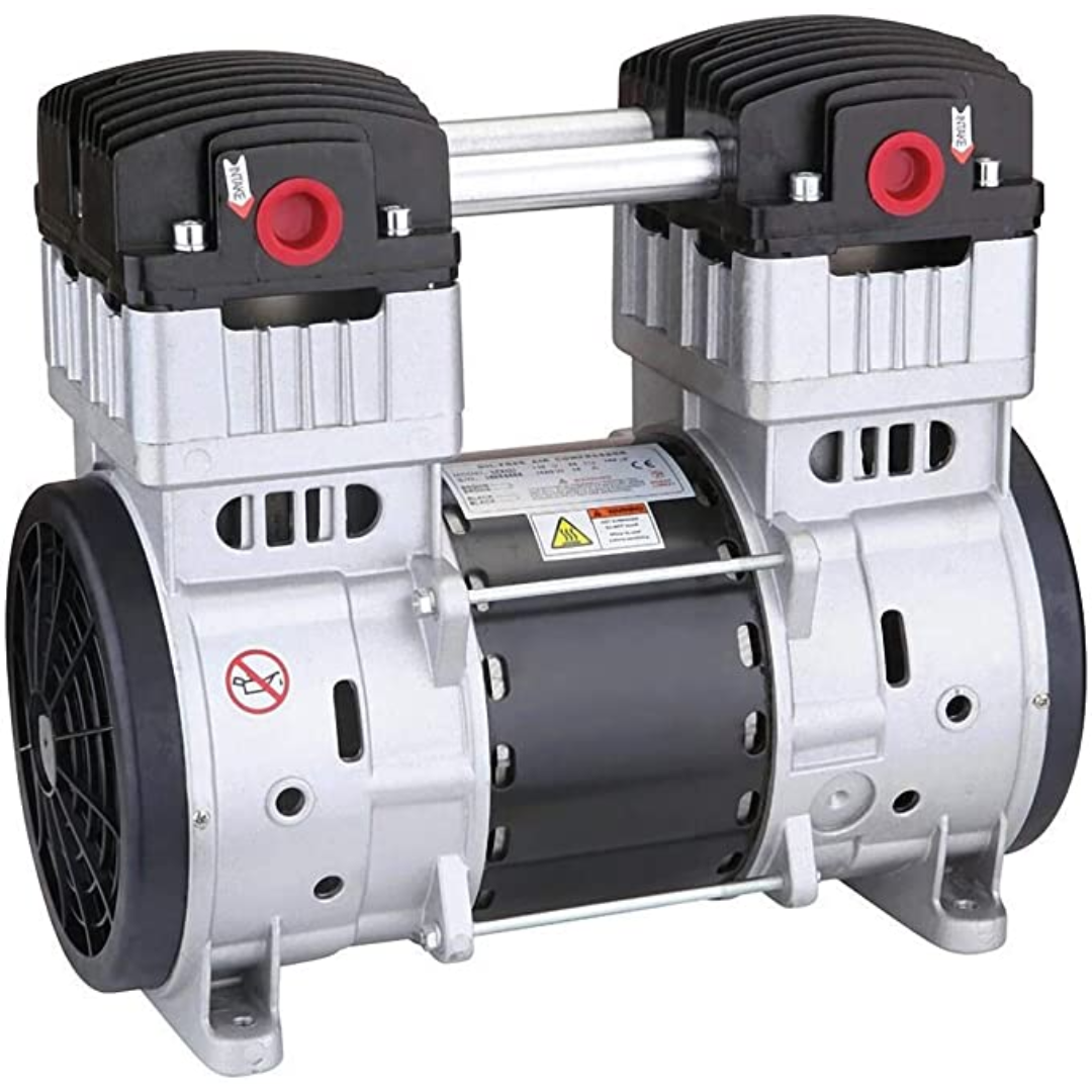 California Air Tools SP-9421 (110v 60hz) 2.0 Hp Ultra Quiet & Oil-Free Pump/Motor front angled view showing dual motor heads and aluminum cylinder design
