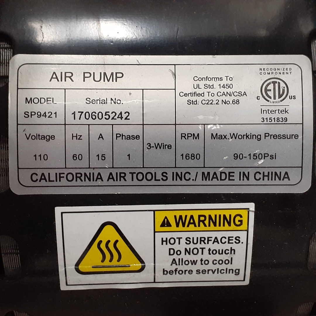 California Air Tools SP-9421 (110v 60hz) 2.0 Hp Ultra Quiet & Oil-Free Pump/Motor specification label close-up with electrical and performance data