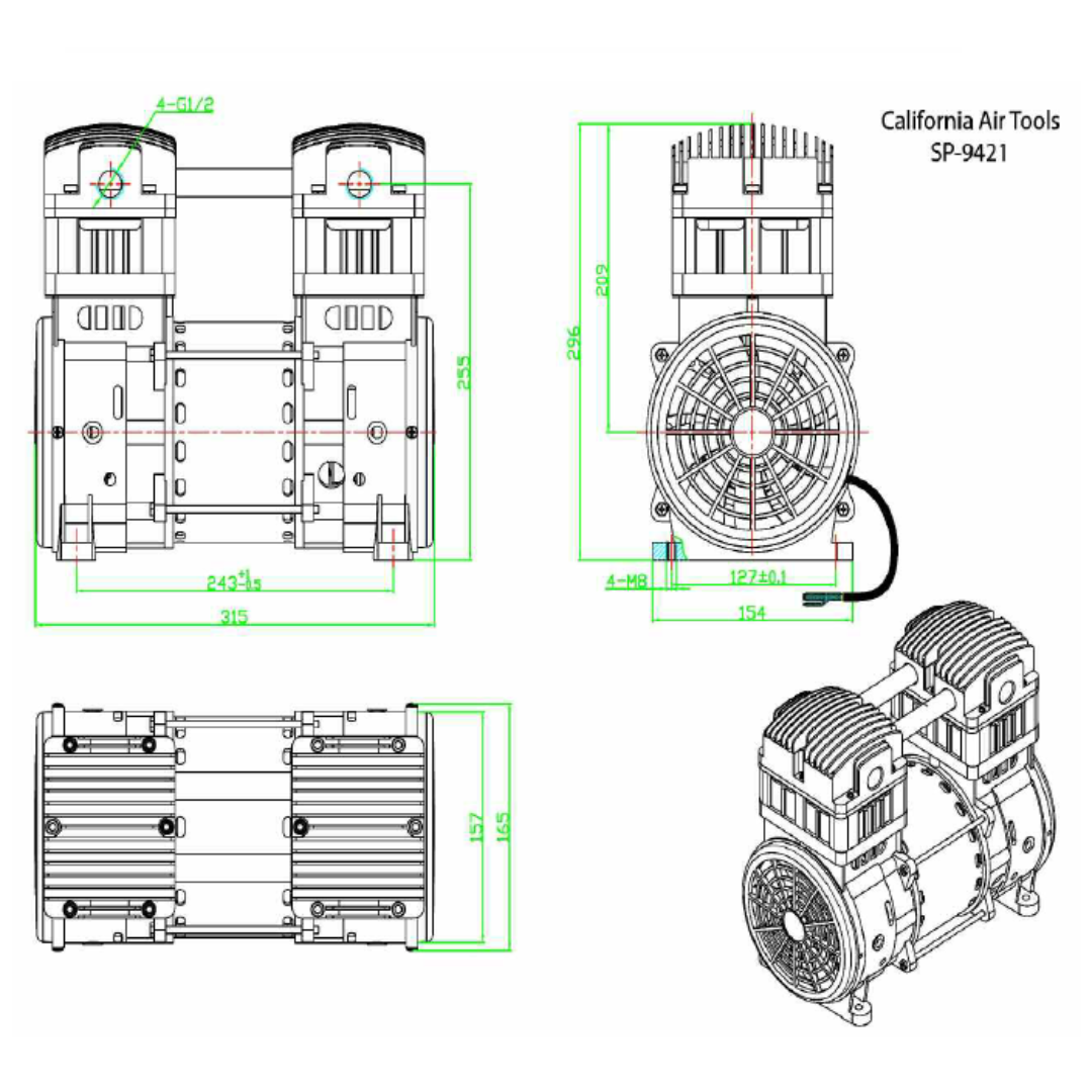 California Air Tools SP-9421 (110v 60hz) 2.0 Hp Ultra Quiet & Oil-Free Pump/Motor technical dimension diagram with labeled measurements and layout.
