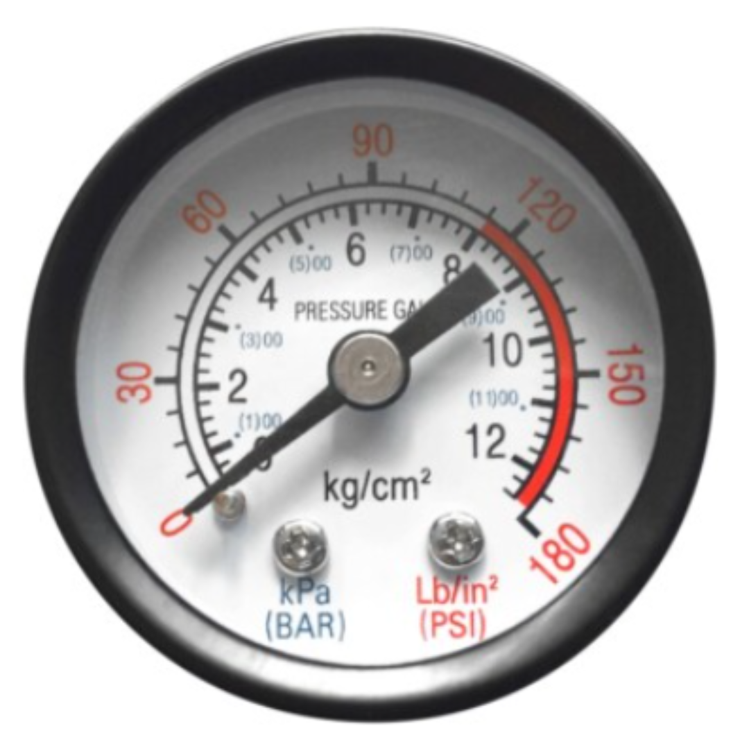California Air Tools Small Pressure Gauge 1.5″ Diameter Center Back Mount 1/8″ NPT 0-180 PSI, CAT-96005 front view showing compact dial with PSI and kPa measurement scales
