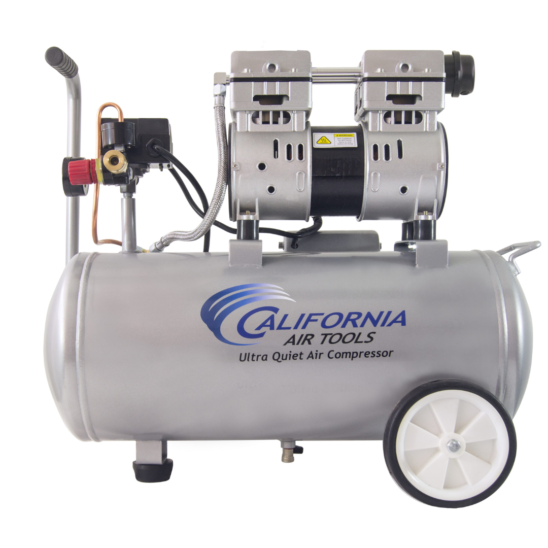 California Air Tools Ultra Quiet 8010 PK Air Compressor, 1.0 Hp 8-Gallon & LVLP Spray Painting Kit side view with wheel kit and tank design