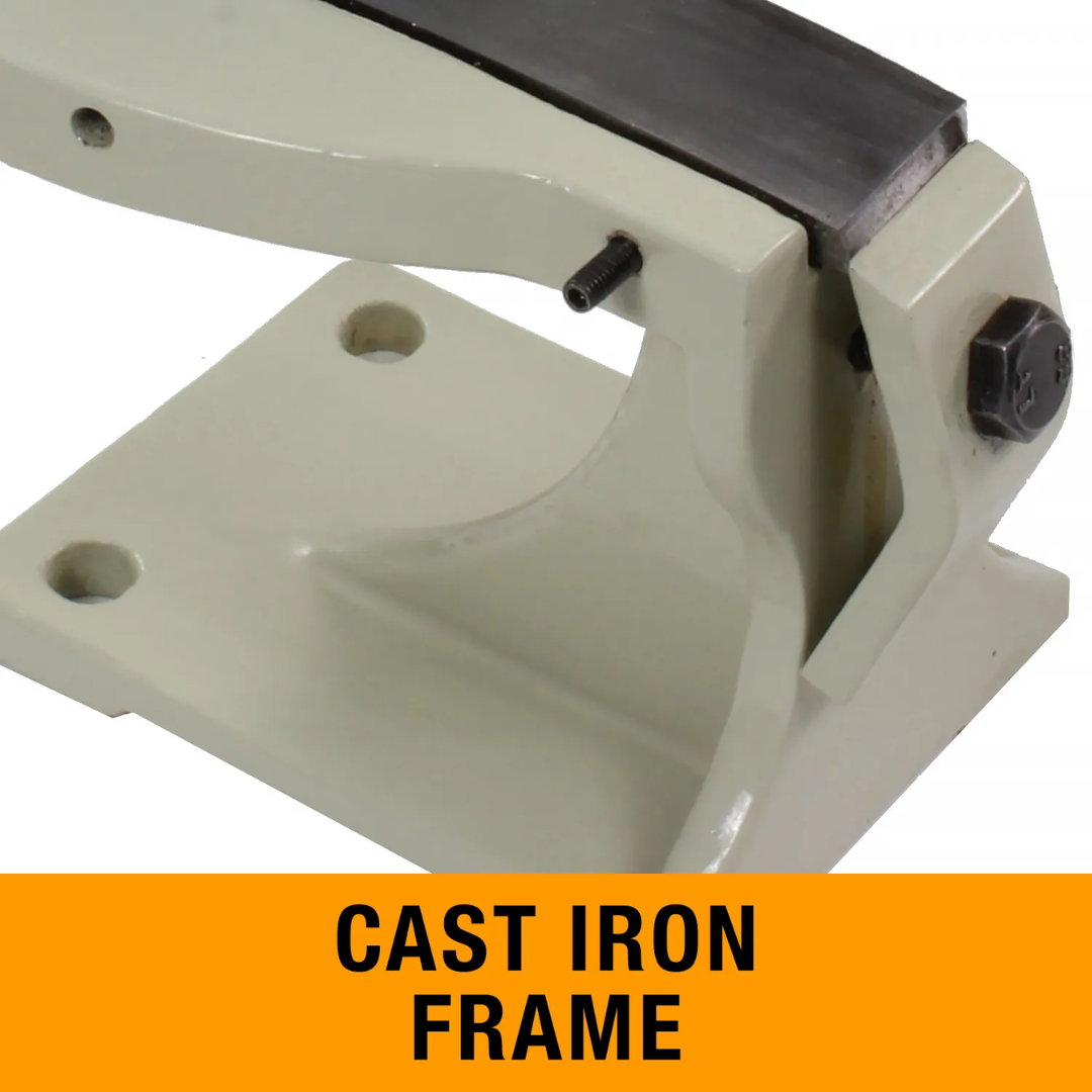 Cast iron frame detail of the Baileigh Throatless Shear - (MPS-1) 1005677 showcasing the heavy-duty construction that provides stability and durability during cutting operations.