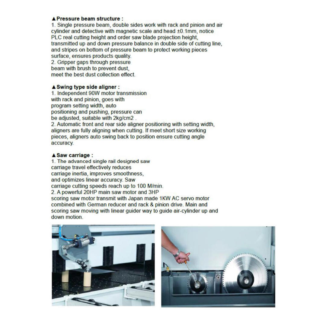 Castaly 10" Rear Load CNC Panel Saw TS-P330R heavy-duty cutting carriage and pressure beam assembly