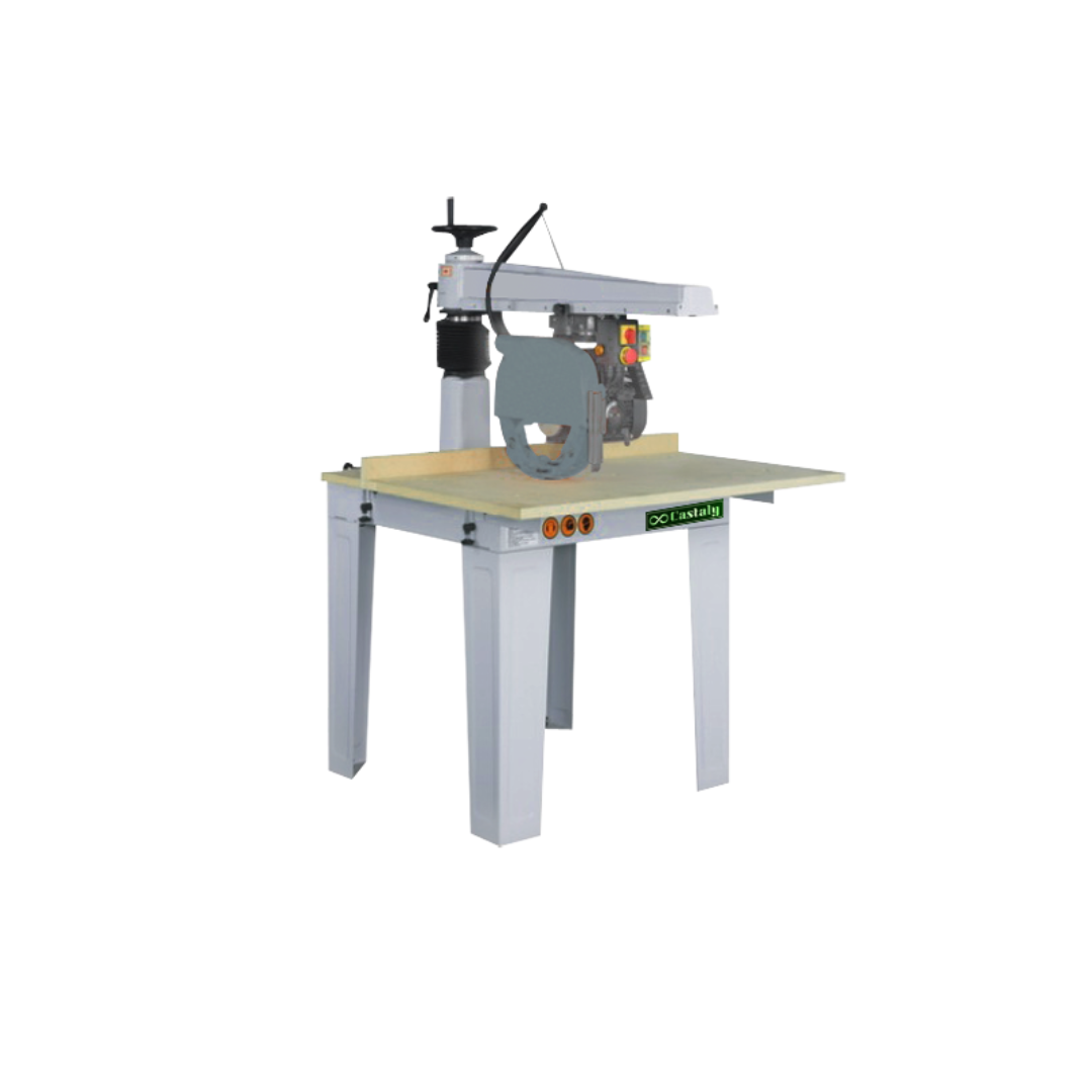 Castaly 14" Radial Arm Saw RS-640 industrial woodworking machine with heavy-duty cast iron arm, precision radial travel system, and stable steel work table for accurate crosscutting and trimming operations.

Castaly 14" Radial Arm Saw RS-640 control and cutting configurations showing smooth head travel, adjustable angle positioning, and precision crosscut performance.