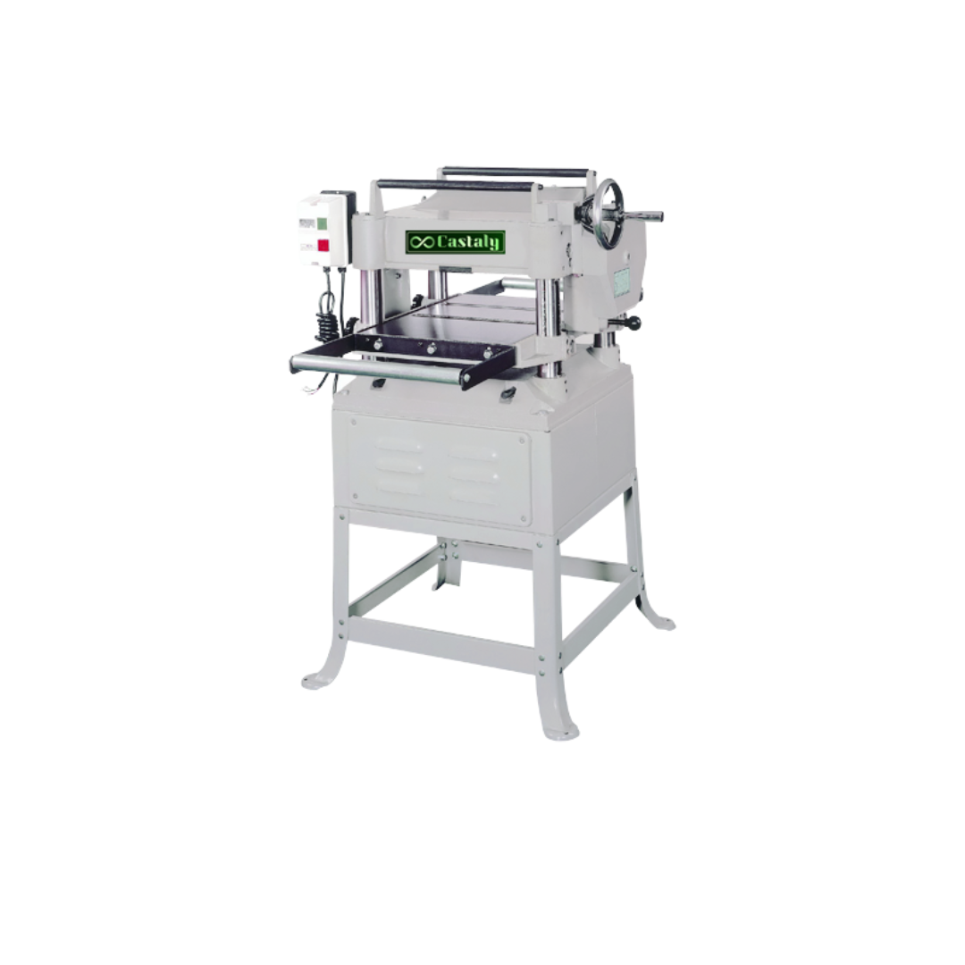 15" Planer with Stand WP-0015 shown in full front perspective with integrated steel stand and cast iron table

Front working view of the 15" Planer with Stand WP-0015 highlighting cutter head housing and infeed/outfeed table

Side profile of the 15" Planer with Stand WP-0015 displaying height adjustment handwheel and motor enclosure

Close-up of the 15" Planer with Stand WP-0015 control switch and power assembly

Structural stand and base frame of the 15" Planer with Stand WP-0015 demonstrating stable floor