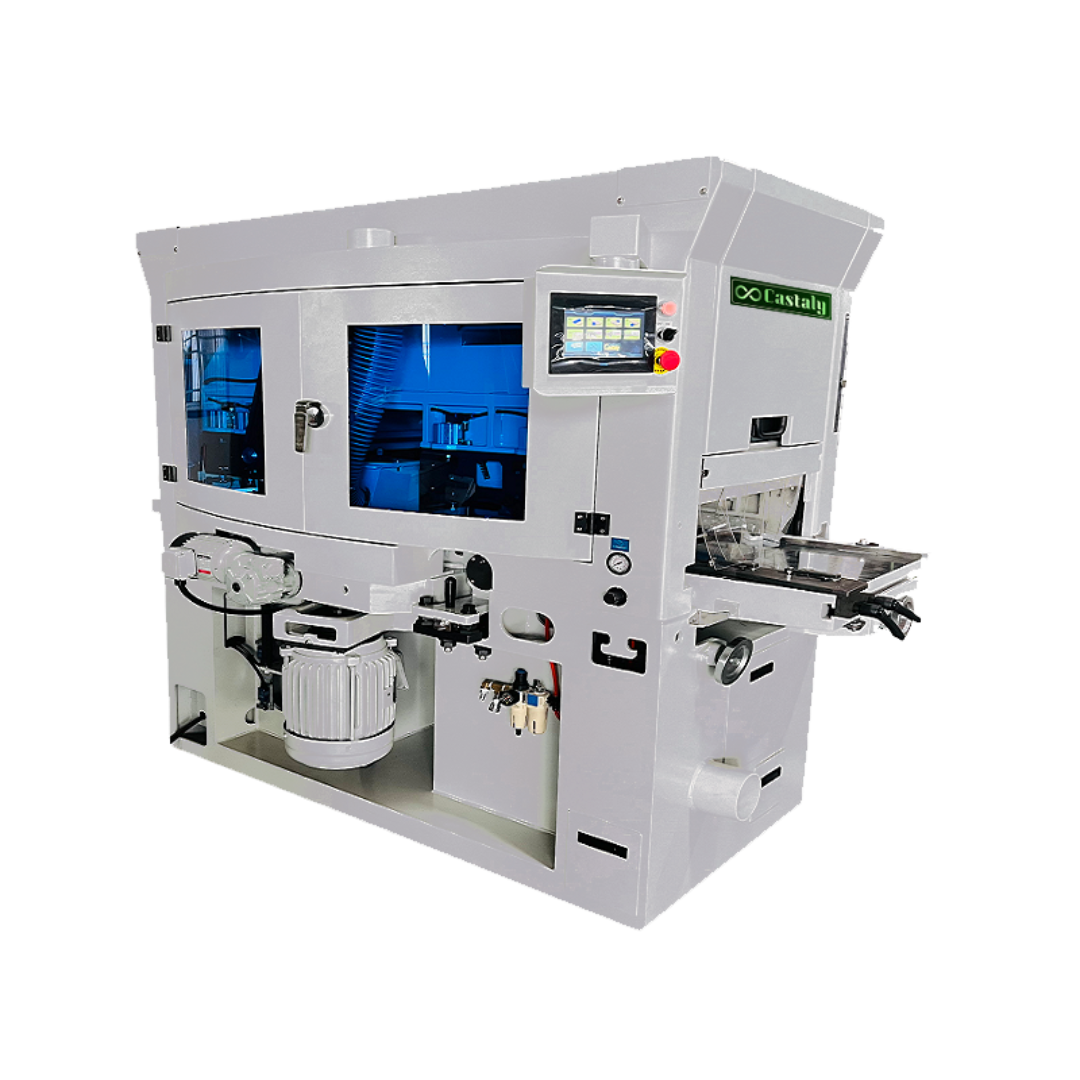 Castaly 20” x 5” Four Side Planer / Moulder WP-20L-V4 shown in full front perspective with enclosed safety cabinet and multi-spindle configuration