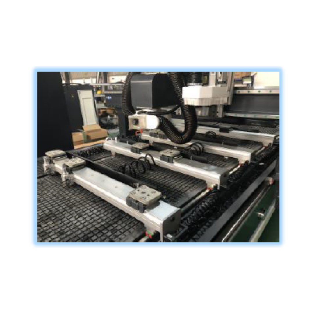 Castaly ARTISAN-RT CNC Router (Vertical & Horizontal) close-up of horizontal machining setup displaying multiple workpieces aligned for high-efficiency drilling, routing, and cutting operations.