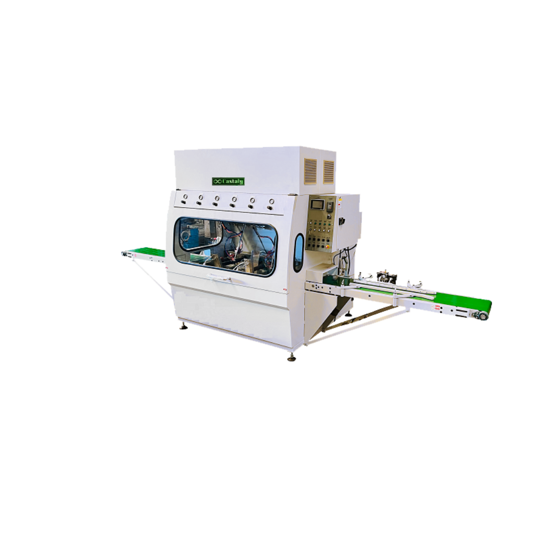 Castaly Auto 12" Feed through Spray Booth TS-12ATSP automatic enclosed spray finishing system with integrated conveyor feed and precision multi-gun configuration for profile and panel coating.