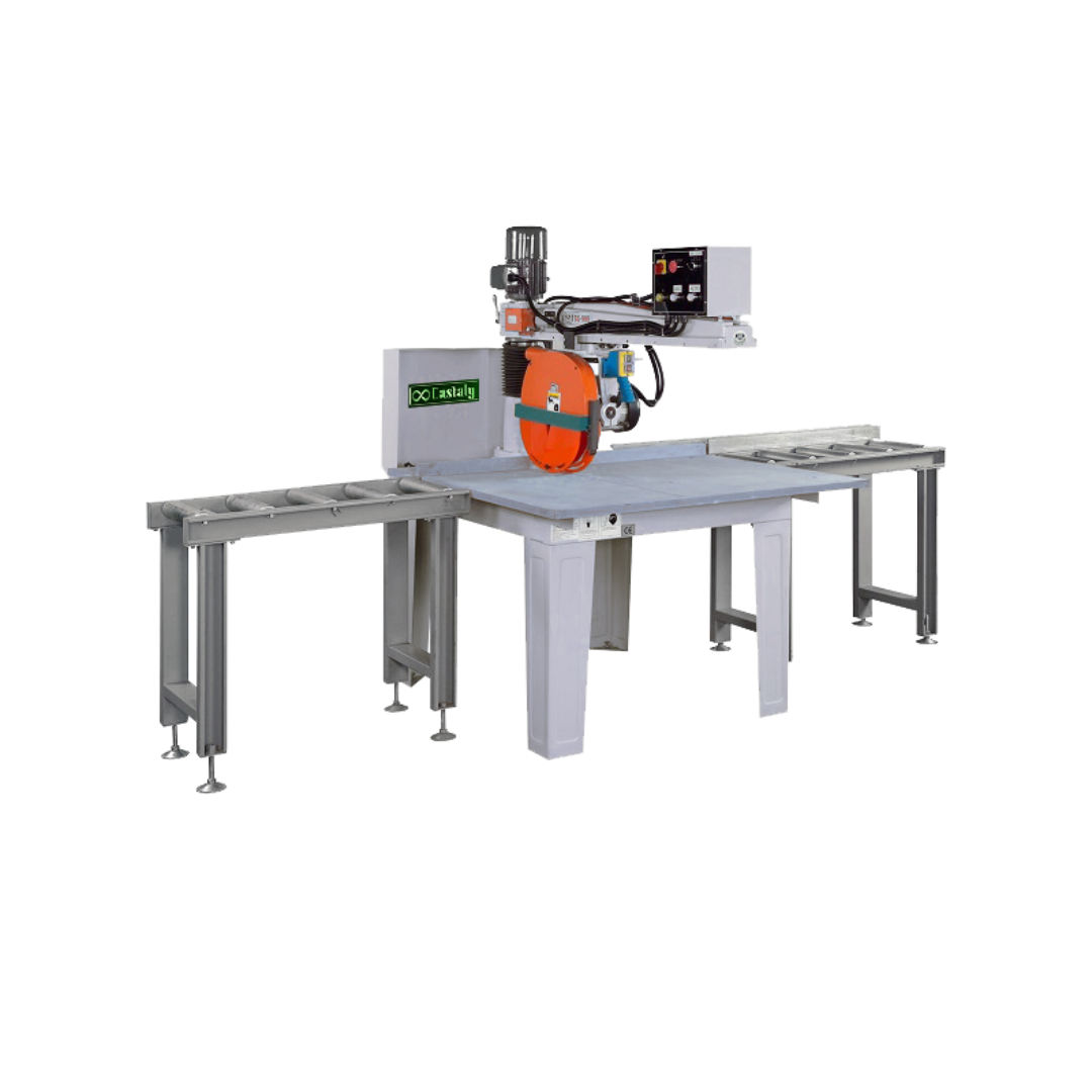 Castaly Automatic Cutting 14" Radial Arm Saw RS-640-AO with extended infeed and outfeed tables, motorized cutting cycle system, precision radial arm assembly, and heavy-duty industrial frame for automated crosscutting production.

Castaly Automatic Cutting 14" Radial Arm Saw RS-640-AO control panel and motorized feed mechanism designed for accurate, repeatable automated cutting operations in industrial woodworking.