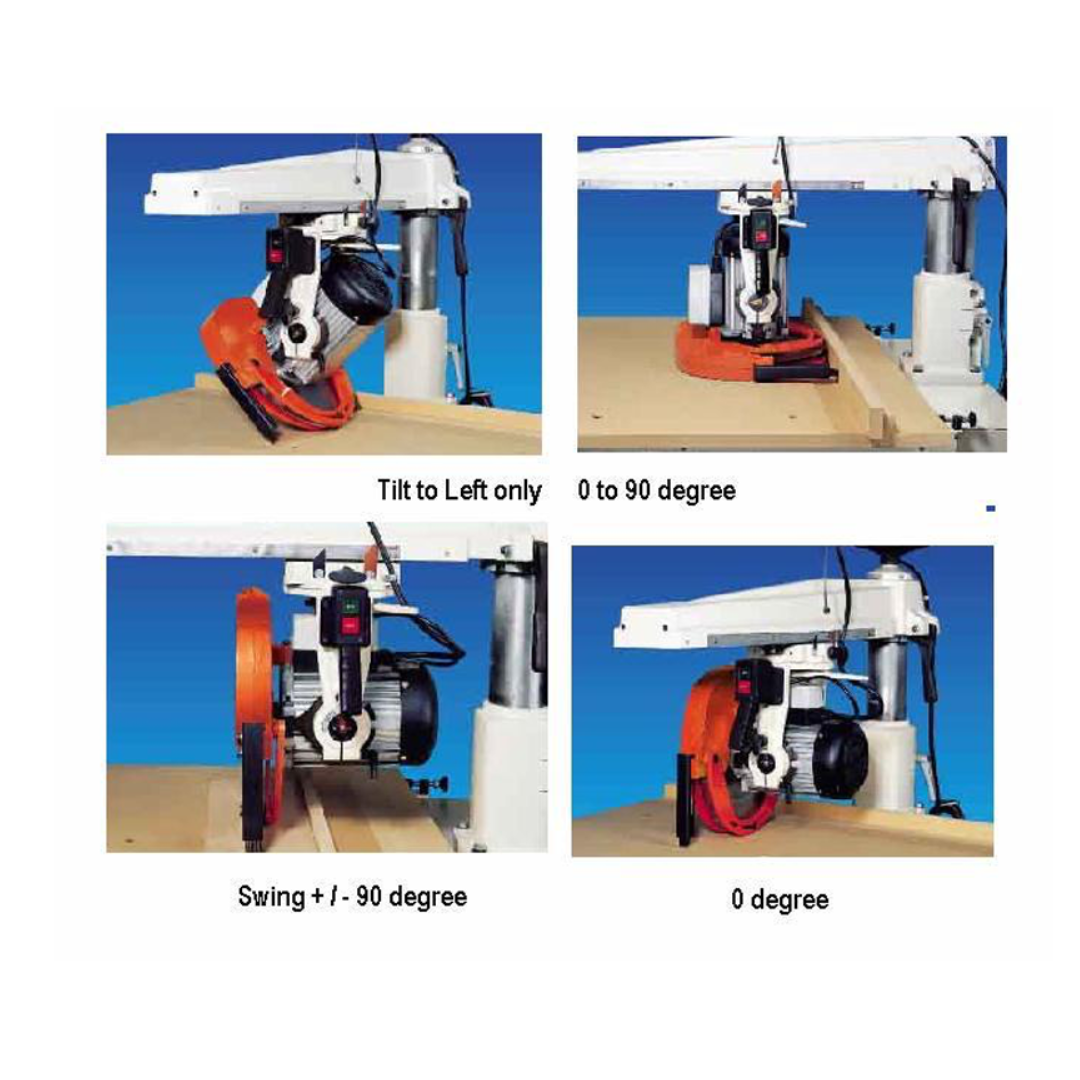 Castaly Automatic Cutting 16" Radial Arm Saw RS-660-AO angle cutting configuration showing horizontal swivel capability and precision-guided automated saw head movement.

Castaly Automatic Cutting 16" Radial Arm Saw RS-660-AO production setup with integrated support tables and automated crosscut operation for high-volume woodworking environments.