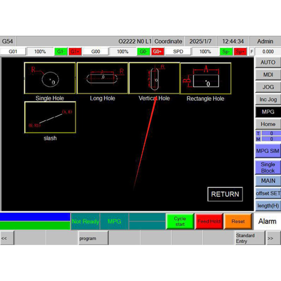 Castaly Outlaw CNC Jamb & Louver 3 axis-Machining Center control interface screen showing CNC programming and operation panel