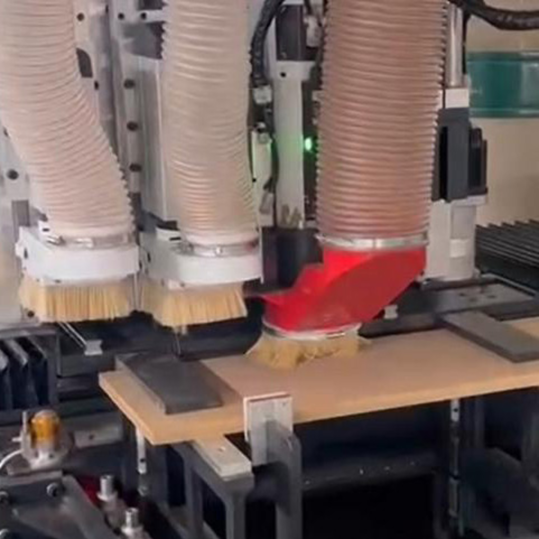 Castaly Outlaw CNC Jamb & Louver 3 axis-Machining Center detailed view of cutting heads shaping jamb and louver profiles