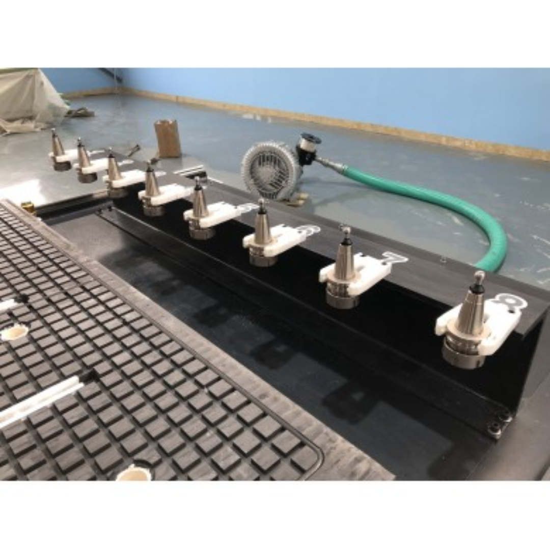 Castaly RAPID-8R CNC Router (Rear 8 Tools ATC) rear 8-position automatic tool changer with tool holders aligned