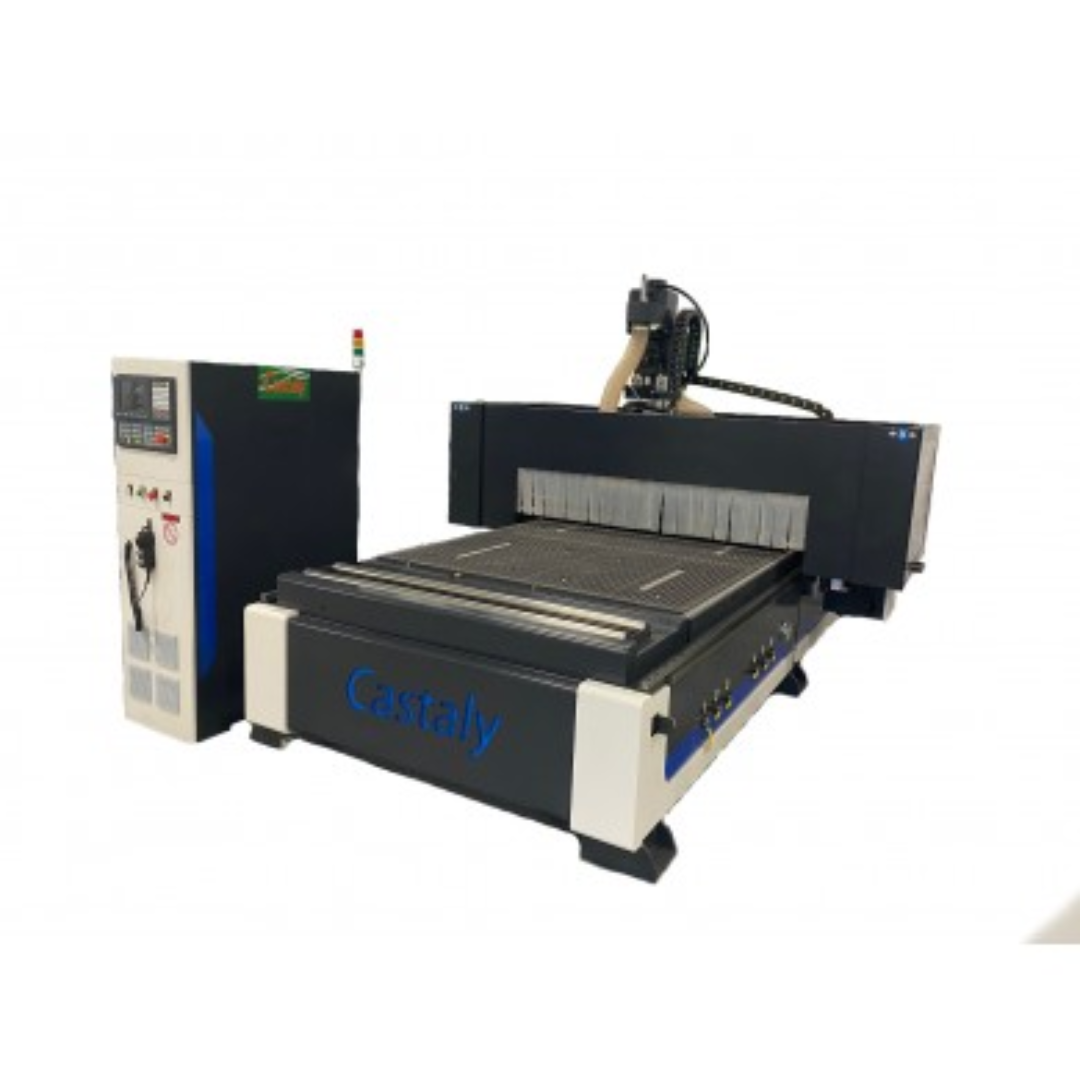 Castaly Rapid-12LN-RL CNC Router (With Press Roller & Enclosure Cover) full machine view with safety enclosure and roller hold-down system