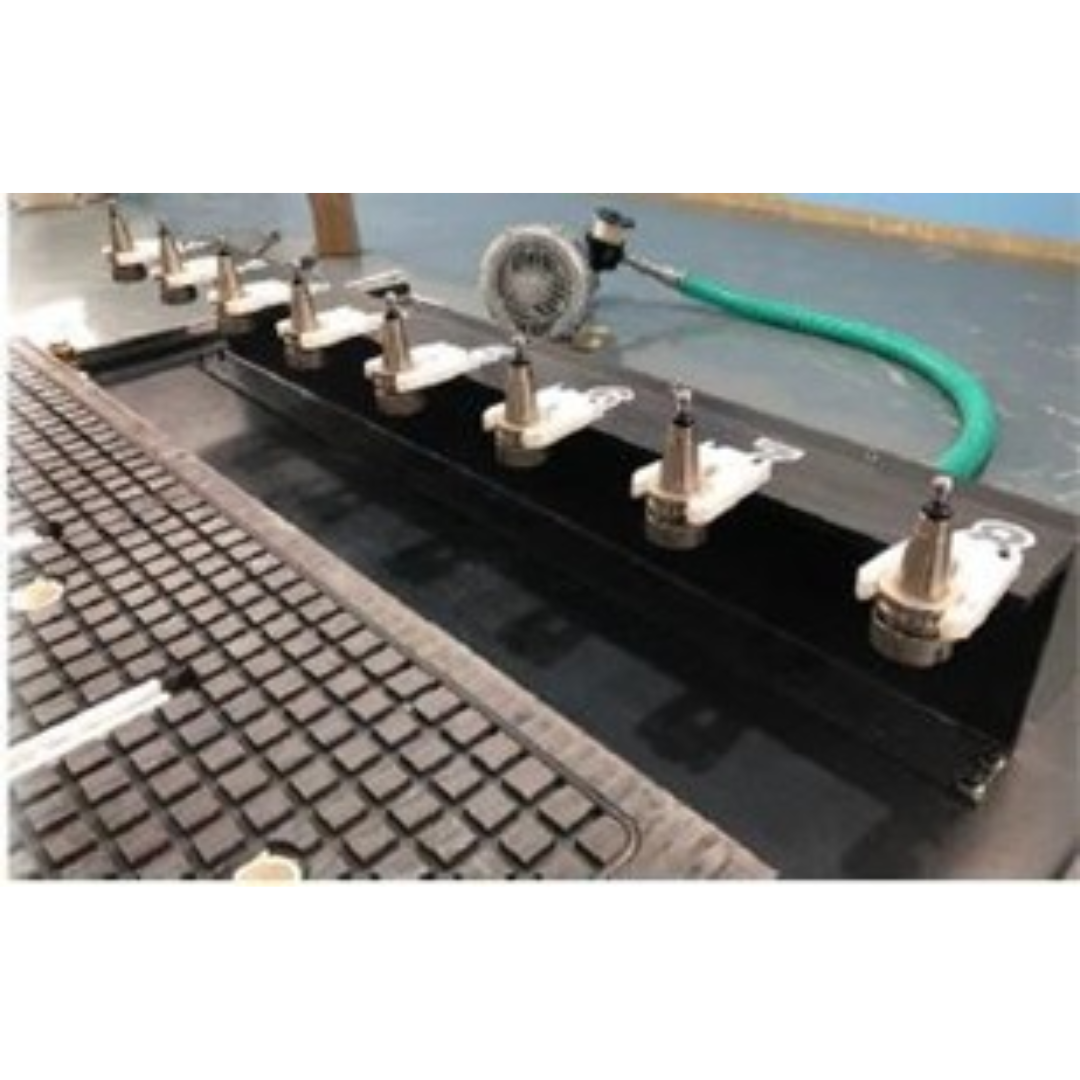 Castaly Rapid-12R-SU CNC Router rear linear tool changer with multiple tool holders aligned