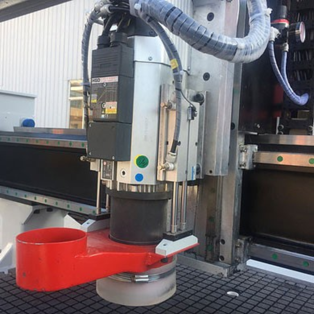 Castaly Super CNC Router (Rotary 12 Tools ATC) close-up of spindle head and cutting operation with dust extraction