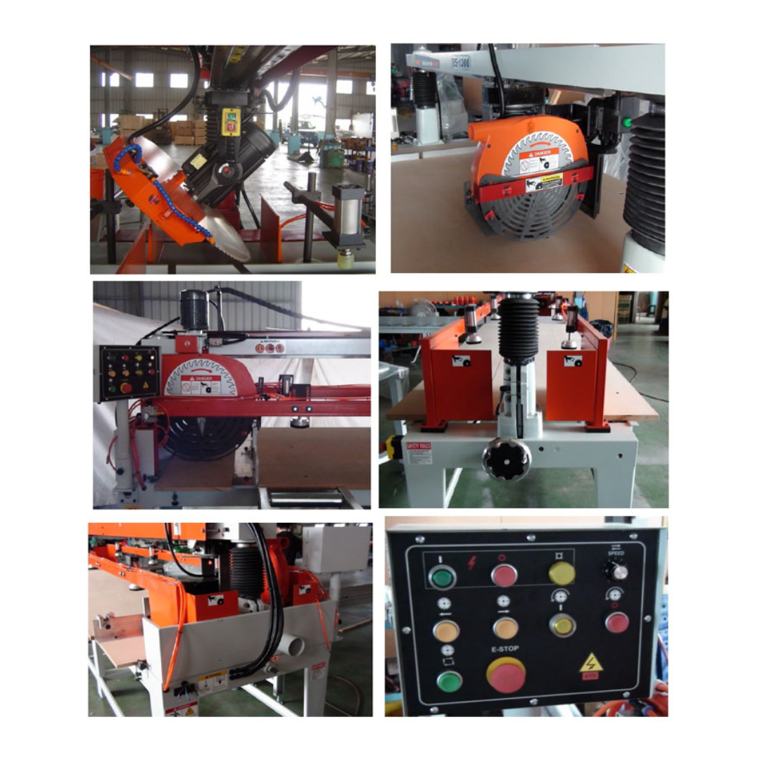 Castaly Tiltable 4' Automatic Panel Saw RS-DW1300 control panel, precision rail system, and saw head assembly close-up
