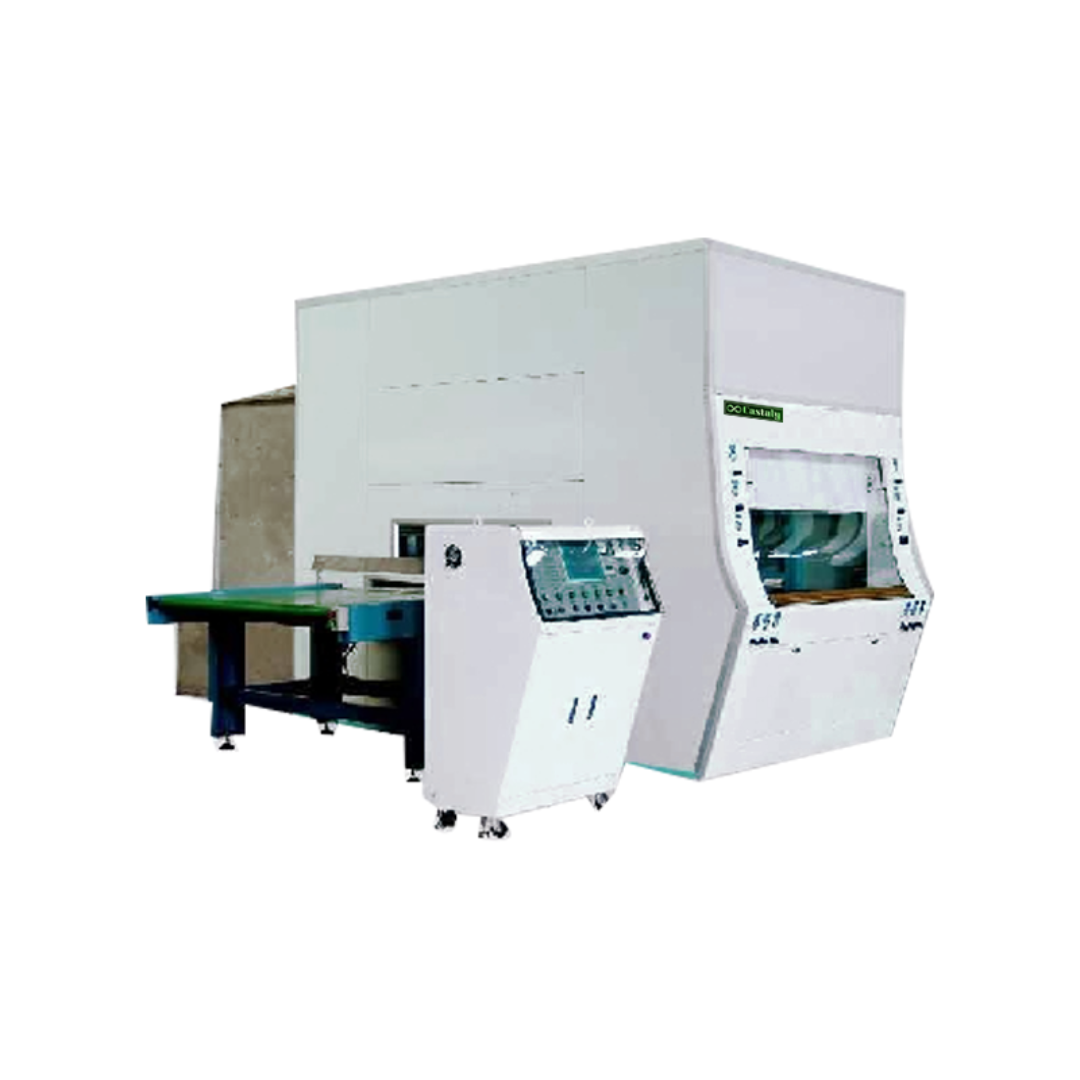 Castaly e 43" Flat Line Spray Machine TS-HAC1100DE industrial flat panel spray finishing system with enclosed spray chamber, conveyor feed table, and precision automatic coating controls.