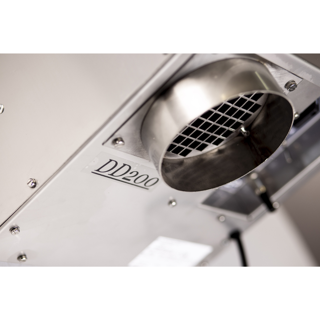 Close-up airflow outlet of the Ebac DD200-S Desiccant Dehumidifier 10502SU-US showing industrial fan grille and durable metal construction